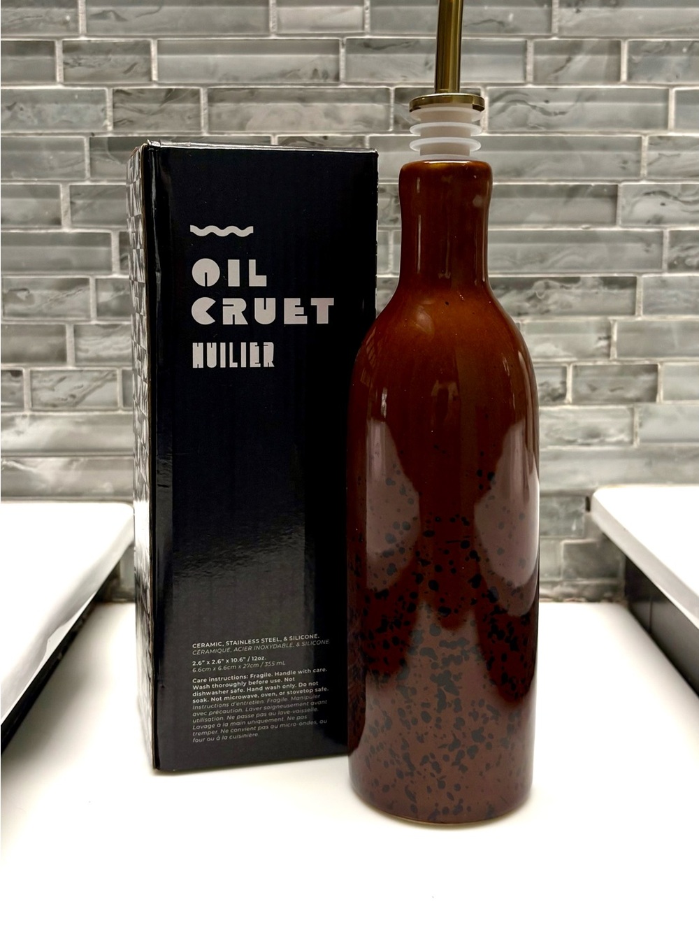 Pretti.Cool Ceramic Tortoiseshell Oil Cruet Dispenser Bottle with Spout 12oz NIB